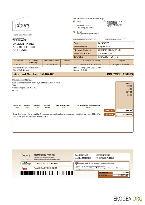 Facture de services publics pour les entreprises de Joburg, Afrique du Sud Modèles Word et PDF de pages